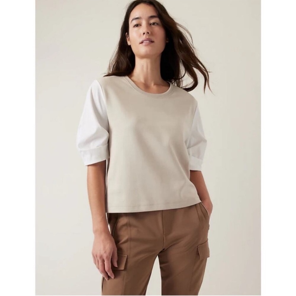 Athleta Harlow Hybrid Tee Shirt Top Beige White
Cotton Blend Size M